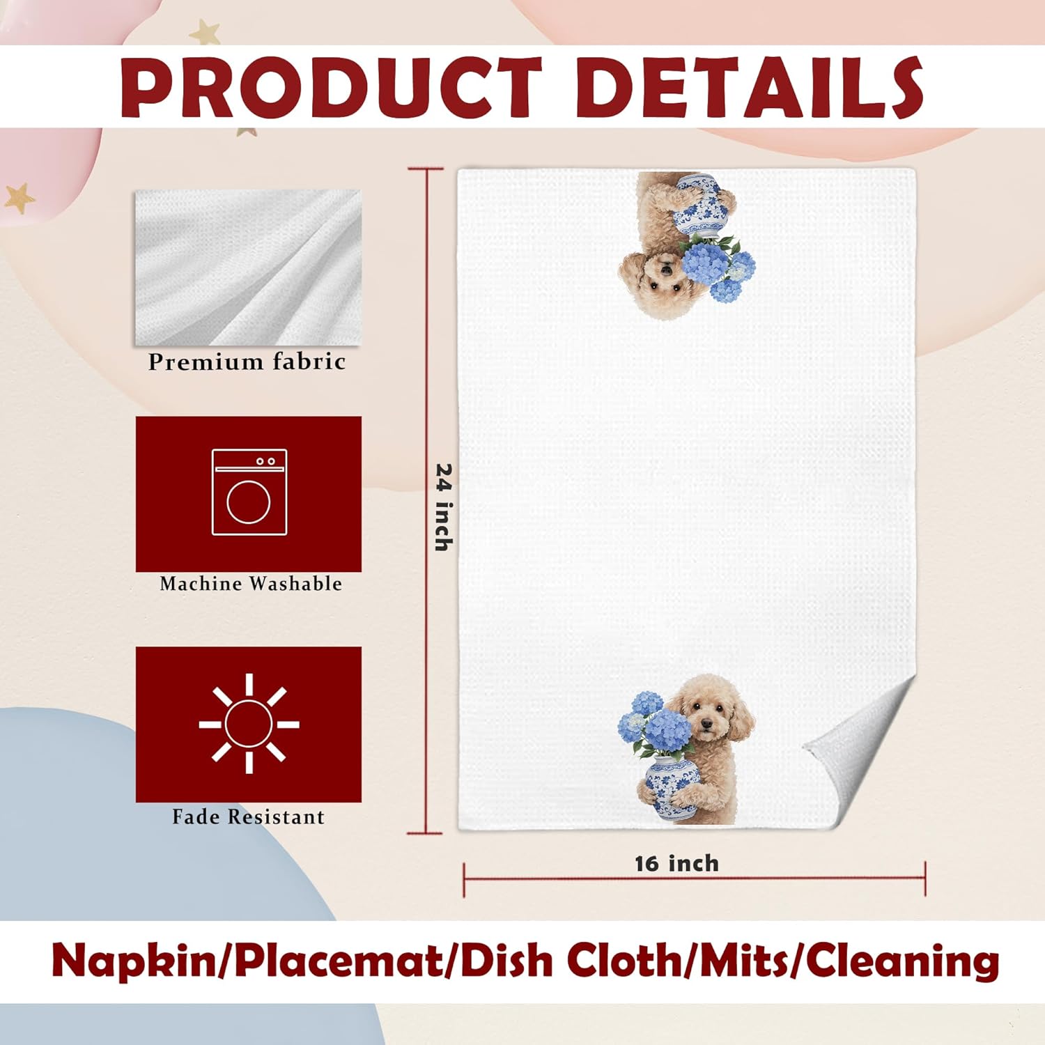 Blue Hydrangea Poodle Kitchen Towels, Poodle Gifts for Women Dish Tea Towels, Chinoiserie Porcelain Floral Dog Decorative Hand Towel for Bathroom, 16x24 Inches - Image 7