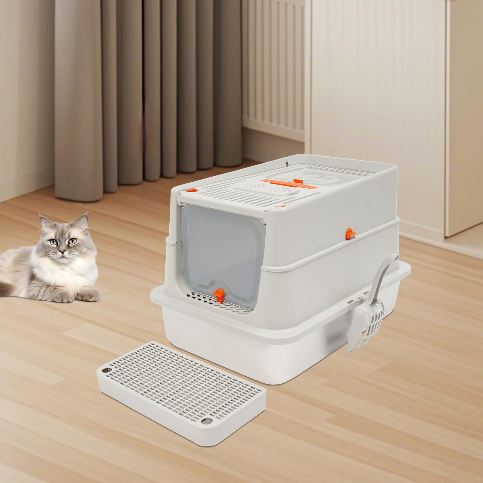 Grande lettiera chiusa per gatti in metallo, con funzione di controllo degli odori, con spatola e coperchio, per gatti di grandi dimensioni e per la casa multipla (grigio chiaro)
