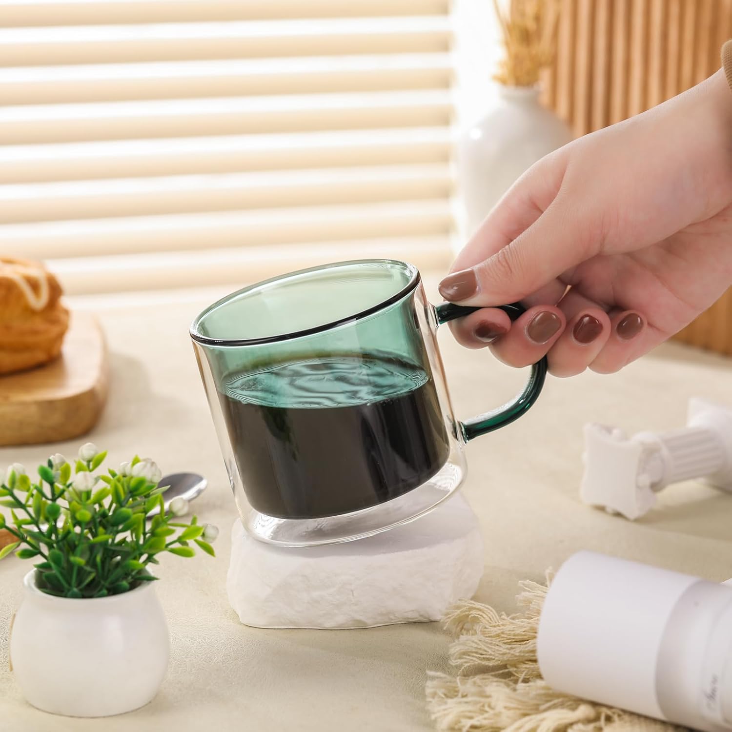 Double Wall Insulated Glass Tea Cups Set of 4, Clear Borosilicate Espresso Shot Cups for Espresso Machine, Glass Teacups Coffee Mugs with Handle for Cappuccino Latte, Green, 10OZ/280ML - Image 5