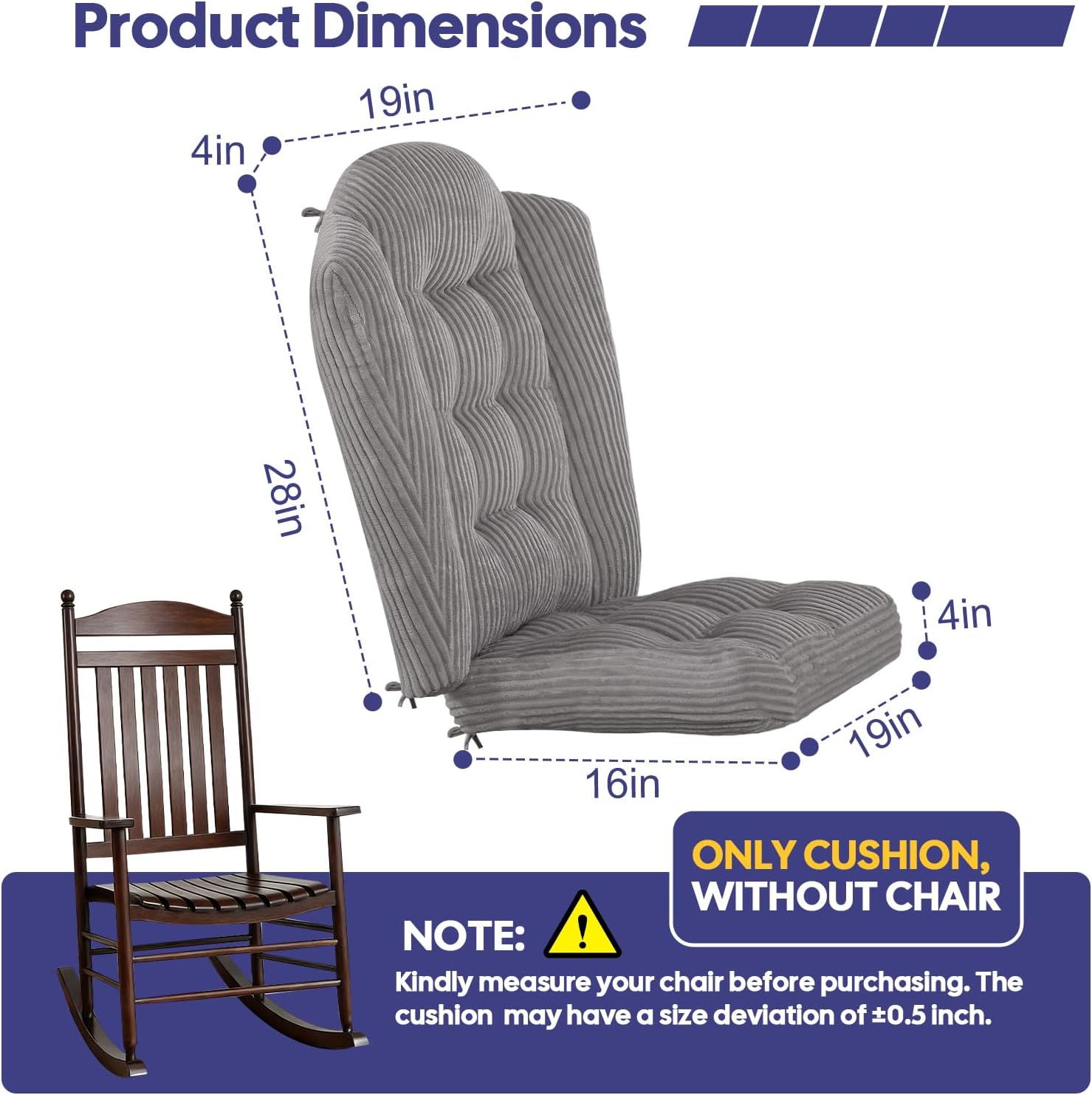 idee-home Wingback Rocking Chair Cushions Indoor, Glider Rocker Replacement Cushions with Removable Corduroy Cover, Wooden Adirondack Chair Pad Non-Slip Bottom Tufted Seat Pads with Ties, Grey
