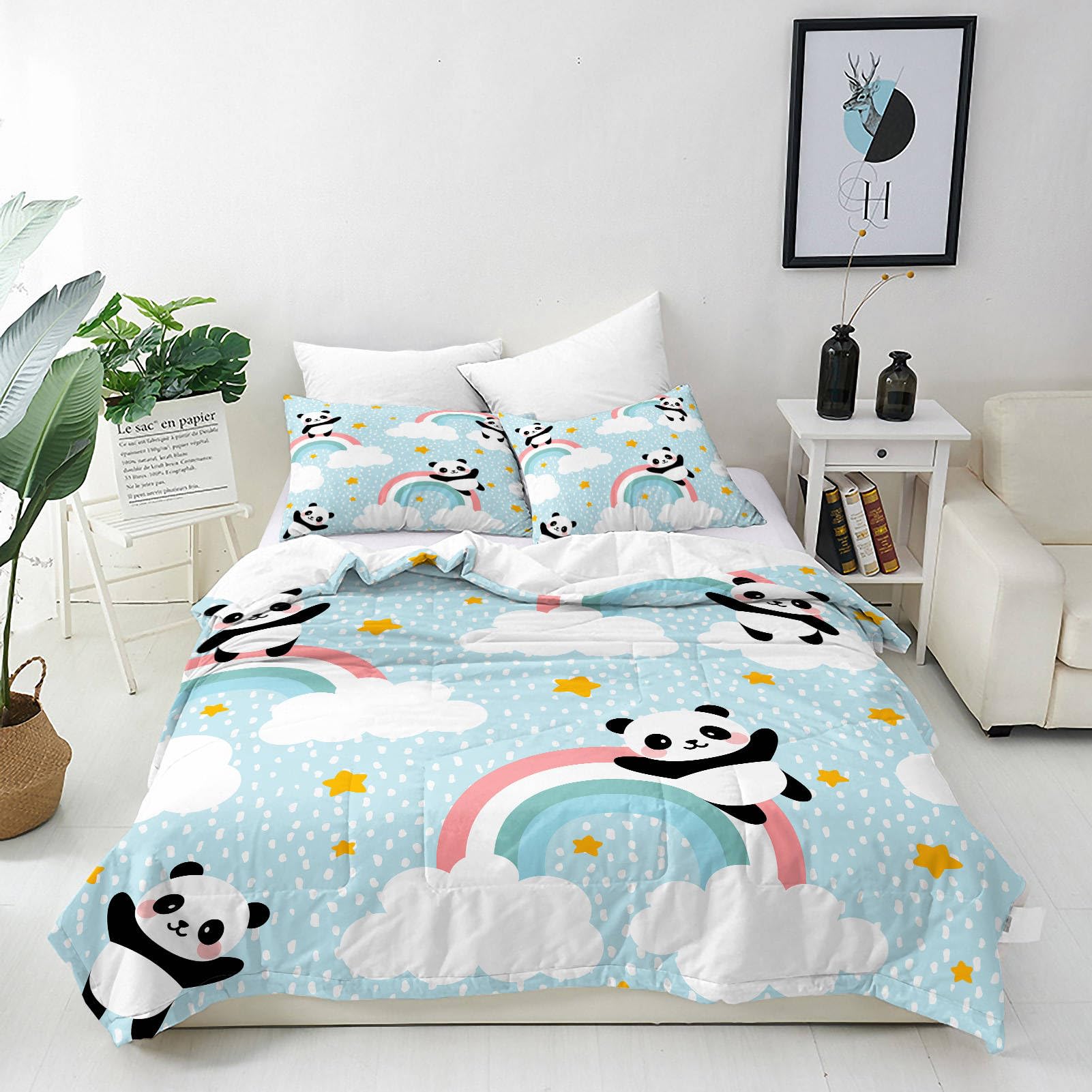 ANHOPE Panda Duvet Cover Set Soft Lightweight Microfibre 3Pcs Bedding Set with 2 Pillowcase Blue Background Panda Bear Rainbow Cloud Print Pattern All Season Quilt Cover with Zipper Closure Super King โ image 1