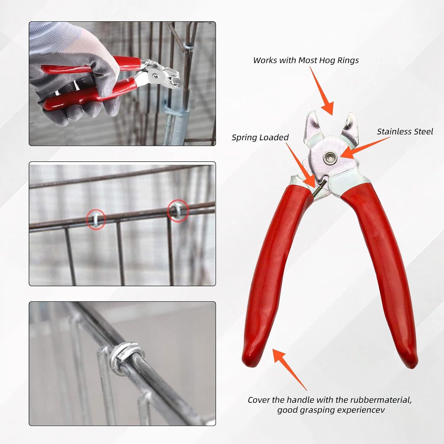 501Pcs Angled Hog Ring Pliers Kit with 500Pcs 3/8’’, 1/2’’, 3/4’’ Galvanized Hog Rings for Fence, Animal Pet Cages, Bungee Cords, Bagging
