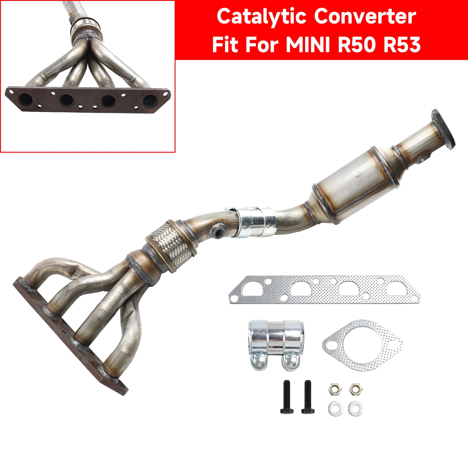 Katalysator mit Einbausatz pour Mini Cooper R50 R52 R53 2001-2007 - Typgeprüft - Direkt Einbau - Vorderer Abgaskrümmer