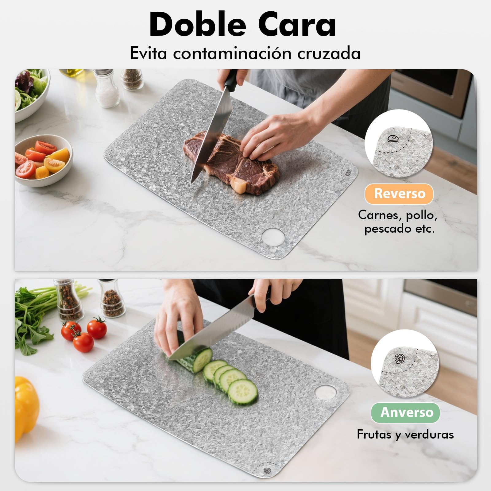 Tabla de cortar de titanio puro 100%, 40 x 28 cm | Tabla doble cara para carne y verduras, sin BPA, lavavajillas, ligera, compacta y fácil de limpiar