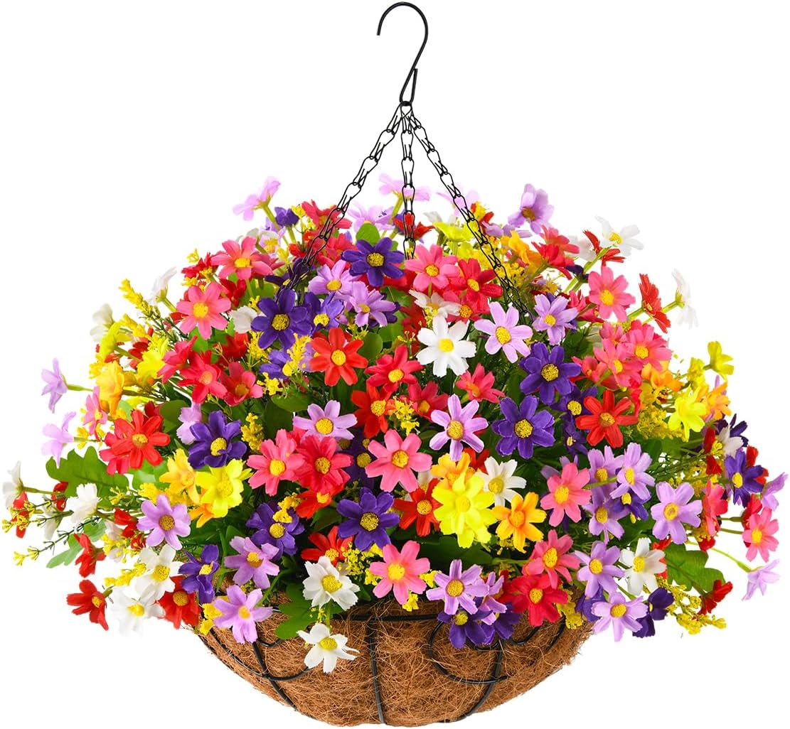 Homsunny Artificial Hanging Flowers Plants in Baskets for Outdoor Porch Decoration,Fake Daisy Plants Arrangement,12inch Coconut Lining Basket Indoor Patio Lawn Garden Spring Summer Decor (Multicolor)