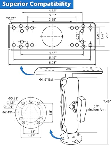 Miniatura 6 de WINDFRD Soporte para buscador de peces de bola de 1.5 pulgadas, soporte electrónico marino de brazo medio, placa de montaje universal con