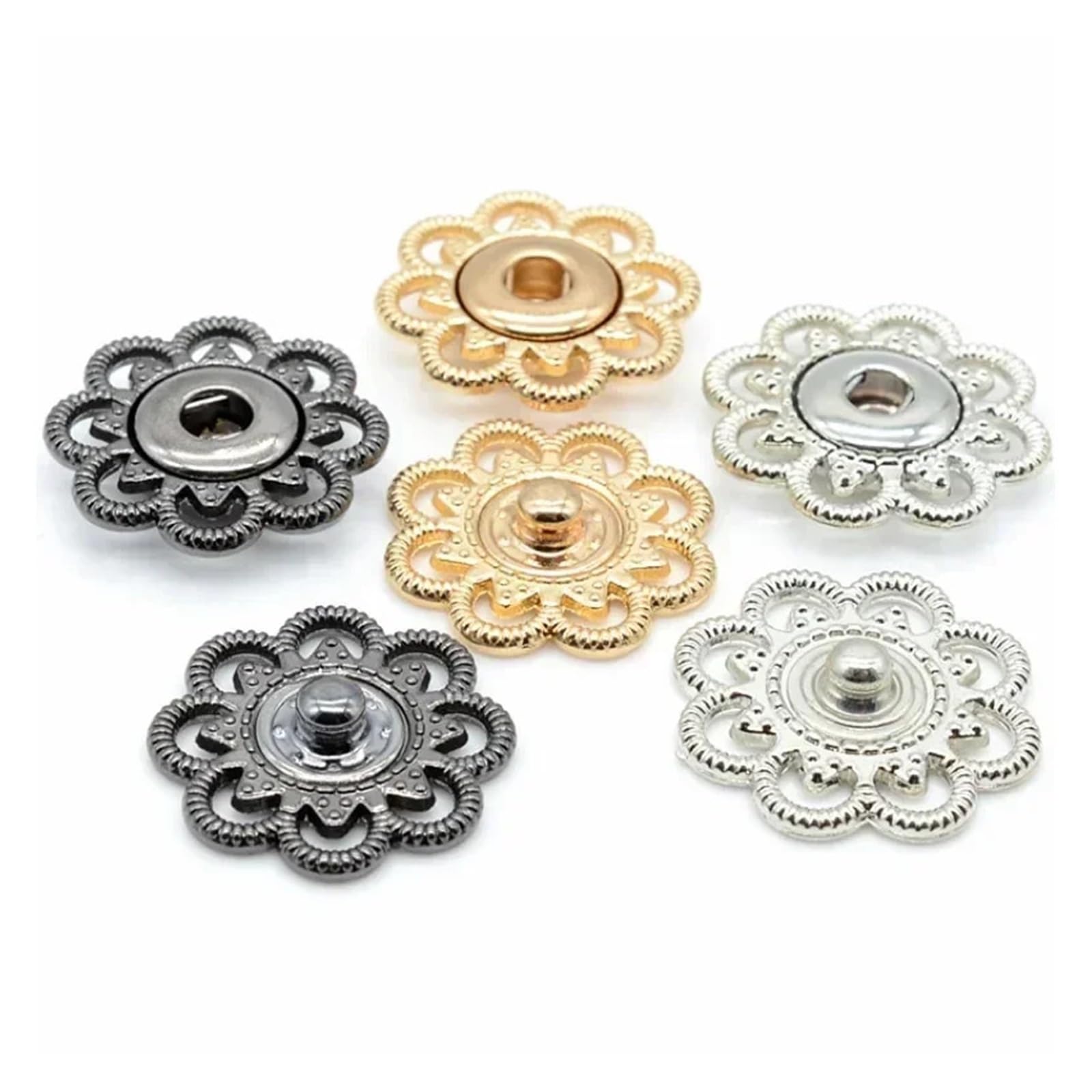 Broches para Tela, 6 Juegos de Botones a presión con diseño Flores, Cierres metálicos Vintage for Coser en Chaquetas, Vaqueros, Manualidades y Costura(Silver,21MM)