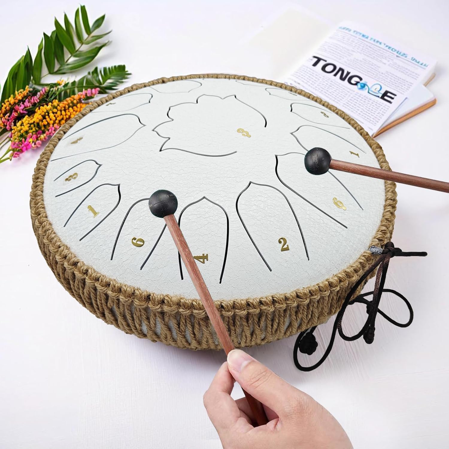 BETESINE 13-Inch 15-Note Steel Tongue Drum in C Major, Beginner-Friendly Meditation Drum with Mallets, Music Book, Finger Picks, Carry Bag & Note Stickers, Angel White