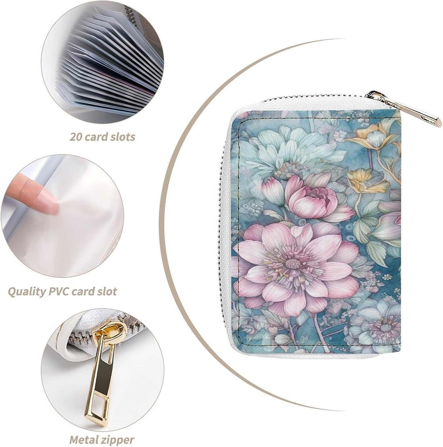 Leather Card Organizer Case Card Wallet Credit Card Holder Blue Style Flowers Printed Zipper Card Cases Holder for Women Men