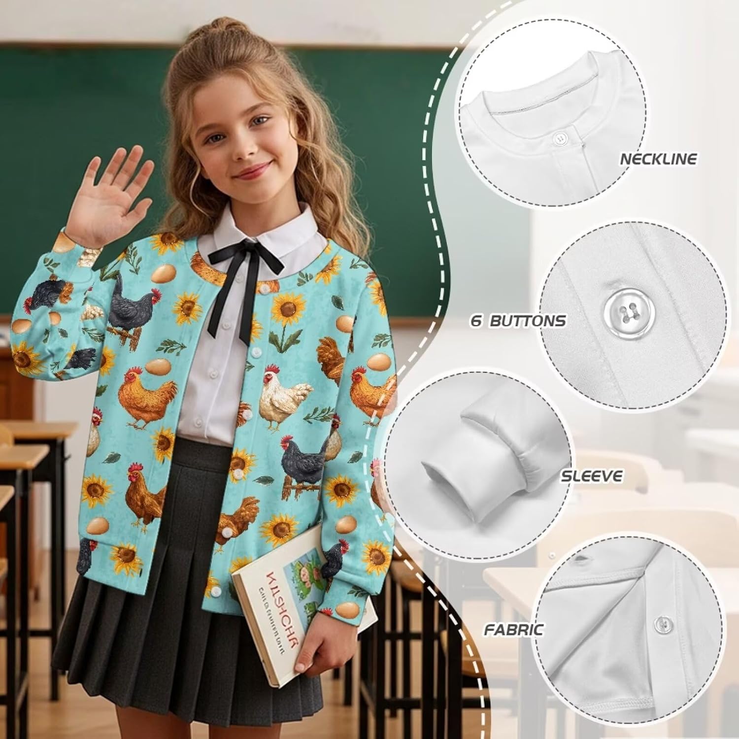 Girl's Button Up Cardigan Sweatshirt Long Sleeve Kids Crew Neck Cardigans for Outdoor 4-16Years