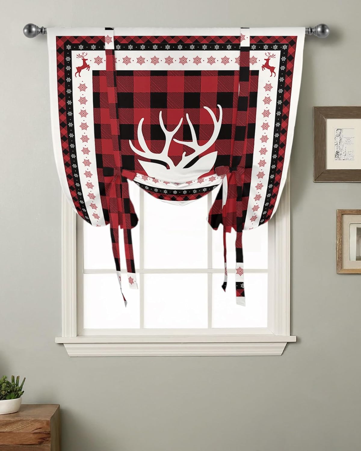 YOKOU Bow Look Tie Up Balloon Curtain, Christmas Elk Red and Black Buffalo Checkered Snowflake Frame Adjustable Rod Pocket Window Shades Drape for Living Room, Bedroom，Kitchen 1 pcs 46 x63 inch