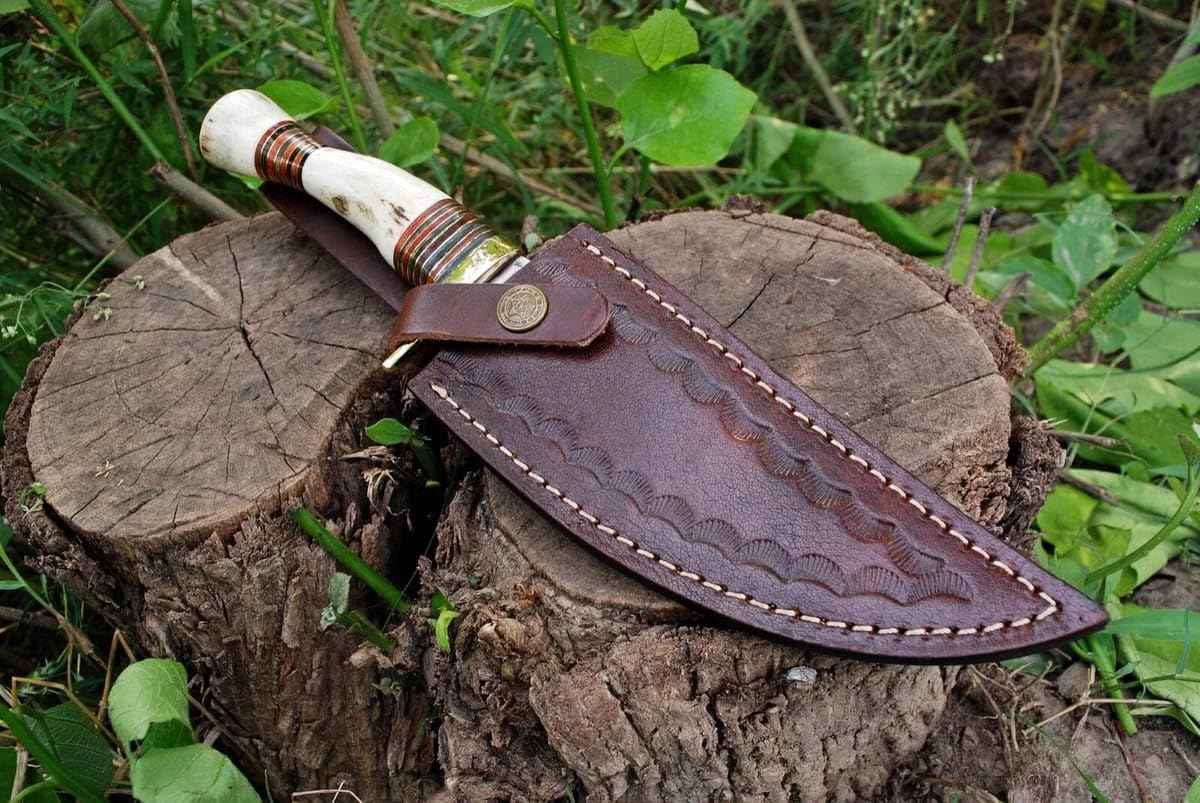 Custom Handmade Hunting Knife, Hammered Steel Blade, Stag Handle with Leather Sheath, Tactical Fixed Blade Bowie