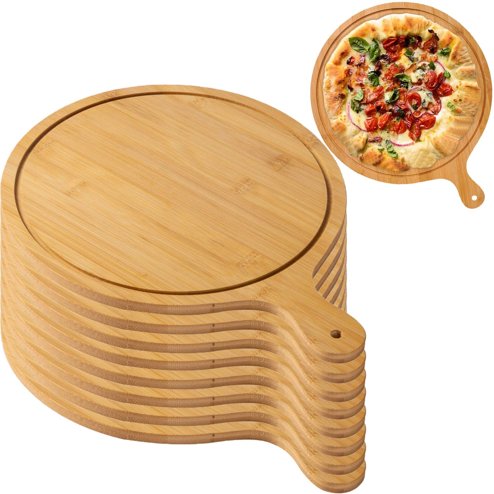 Lekkie drewniane deski do serwowania pizzy z uchwytami, 28 cm, do robienia i przechowywania pizzy, idealne dla domowych szefów kuchni, jasnobrązowe