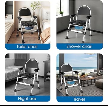 Commode Toilet Chair, Adjustable Folding Portable Bedside Commode with Padded Seat, Removable Toilet Bucket Anti Slip Base, Heavy Duty Steel Frame Holds Up to 200kg, Suitable for Seniors and Disabled