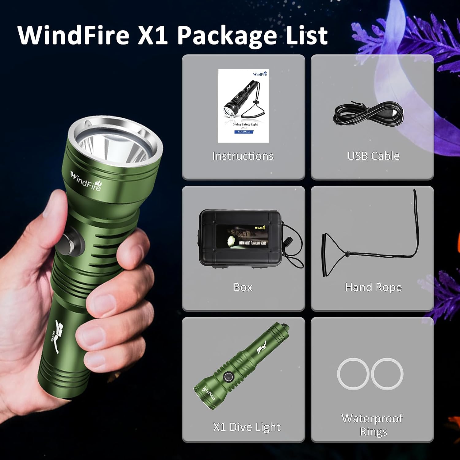 WindFire Dive Light Scuba Diving Flashlight, IPX8 Waterproof 210 Feet Underwater Flashlight with Power Indicator & 4 Modes, Aluminum Submersible Torch for Deep Sea Diving and Snorkeling