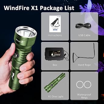 WINDFIRE X1 Dive Light IPX8 Waterproof 210 Feet Scuba Diving Flashlight | 4 Lighting Modes & Power Indicator, Super Bright Dive Spotlight, Aluminum Submersible Torch, for Deep Sea Diving & Snorkeling