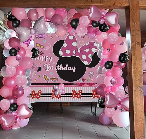 Miniatura 3 de Telón de fondo de ratón rosa de 5 x 3 pies, suministros de decoración de fiesta de cumpleaños para niñas, 130 piezas de globos con lazo, kit de