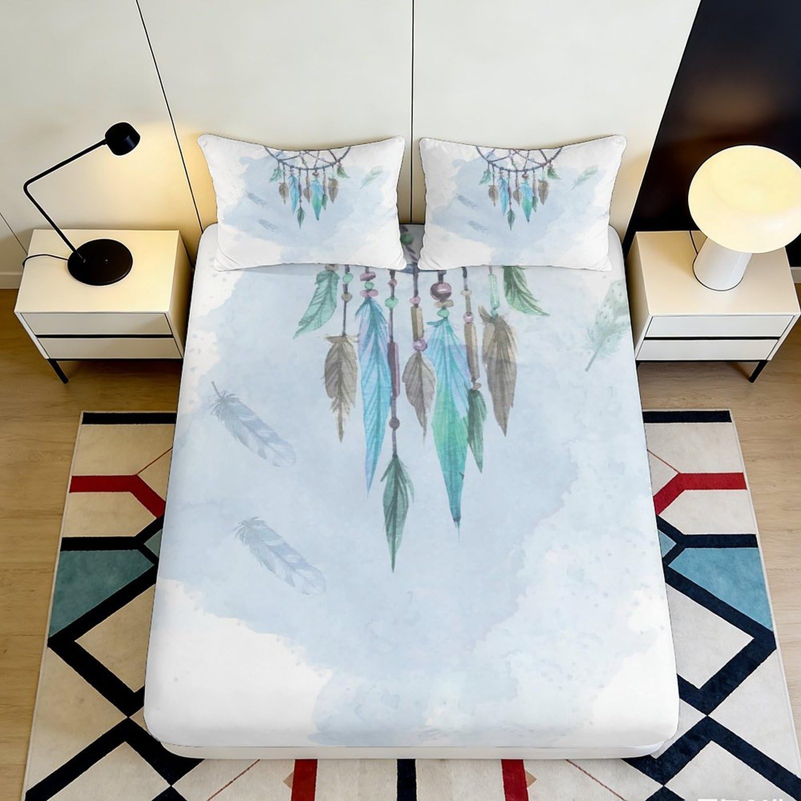 3D Printed Dreamcatcher Feather Fitted Sheet Microfiber Soft Mattress Cover for Bedroom Dorm Dustproof Decor 90x200x25cm