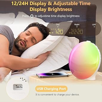 Alarm Clock Wake Up Light with Sunrise/Sunset Simulation Dual Alarms and Snooze Function, 18 Colors Atmosphere Lamp, 7 Natural Sounds and FM Radio, Built-in Phone Charging Port [Energy Class F]