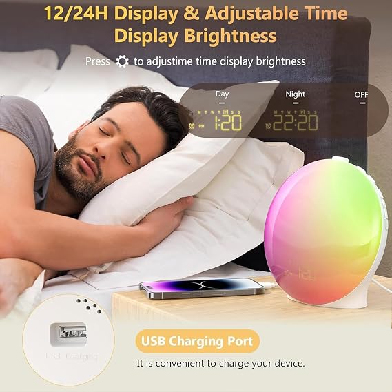 Alarm Clock Wake Up Light with Sunrise/Sunset Simulation Dual Alarms and Snooze Function, 18 Colors Atmosphere Lamp, 7 Natural Sounds and FM Radio, Built-in Phone Charging Port [Energy Class F]