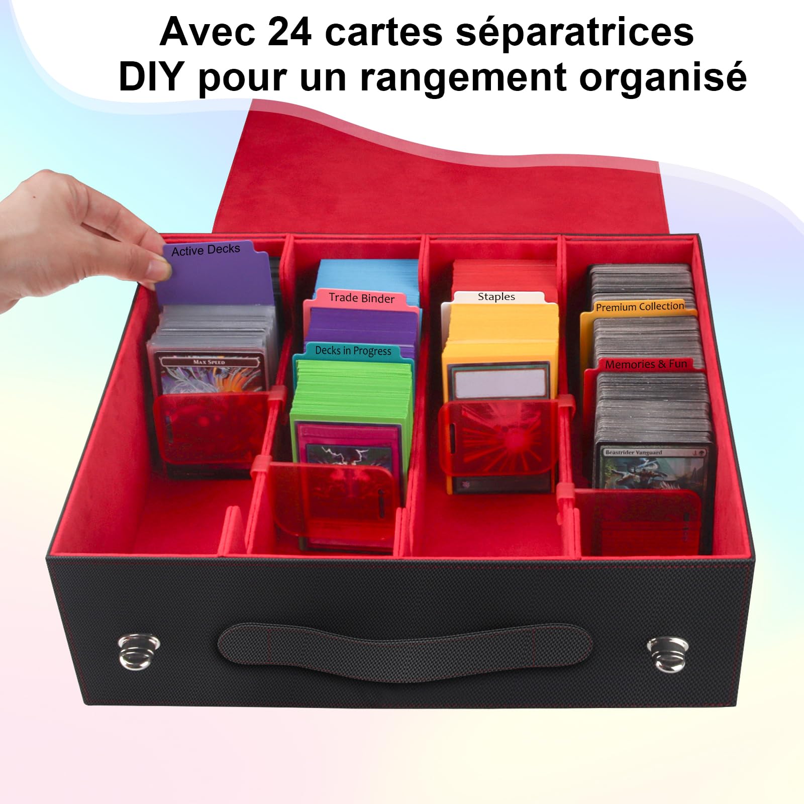 Commander Boite Rangement Carte pour Magic The Gathering(MTG)/ TCG/YuGiOh | Deck box avec Commander présentoir avec poignée de transport & 4 bouchons & 24 intercalaires