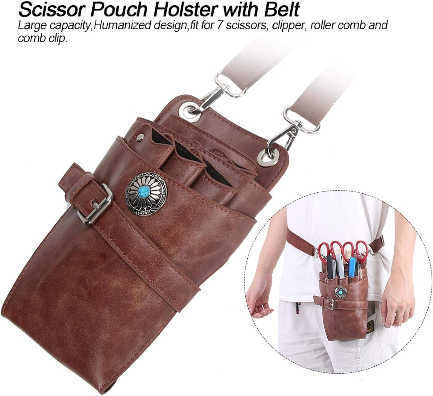 Uxsiya Hairdressing Belt Bag Brown Hairdressing Waist Holder Case Bag Hair Stylist Tools Bag Holster Pouch with Adjustable Shoulder for Hair Salon Stylist Equipment - Image 5