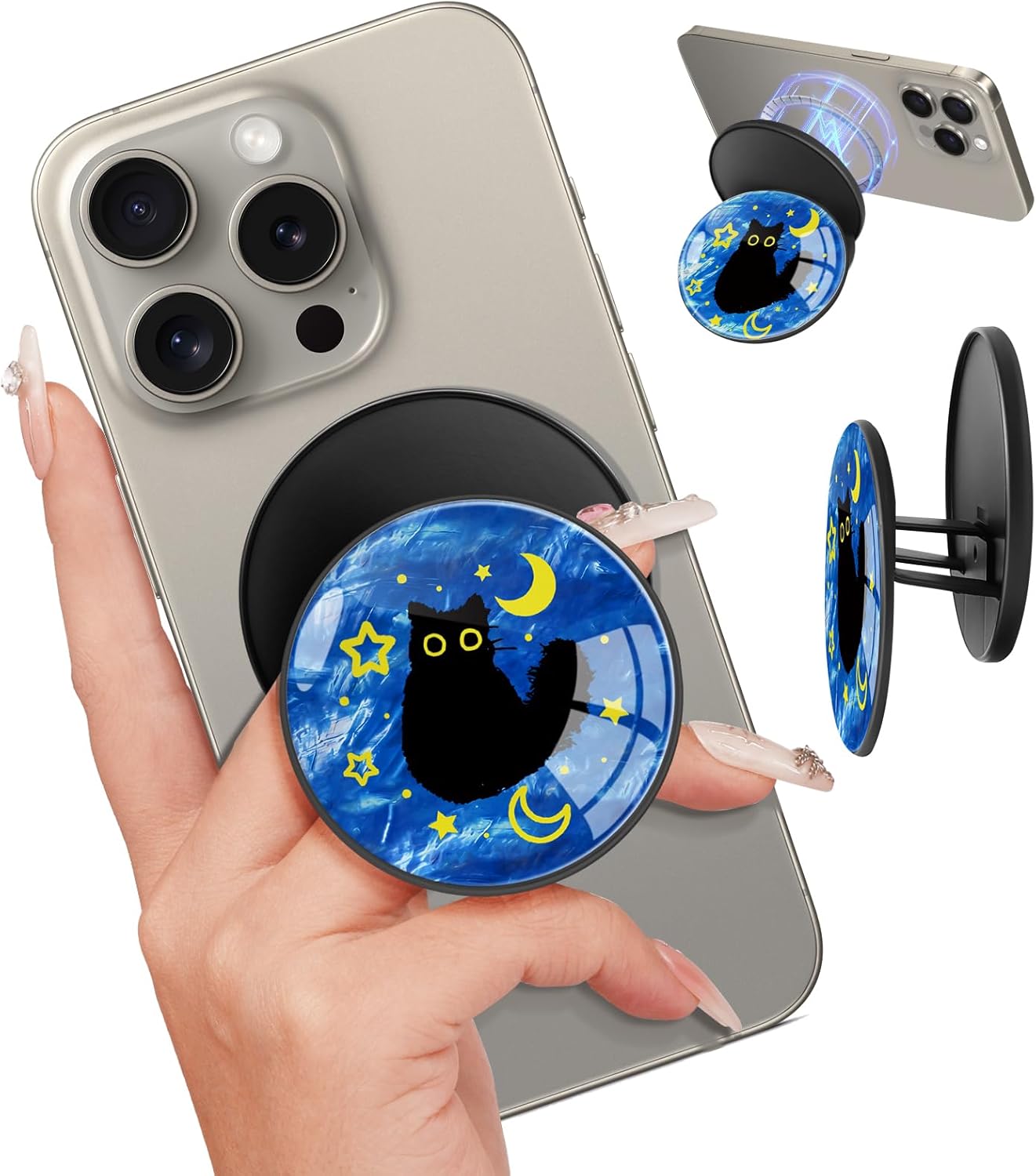 Magnetic Phone Grip Compatible with MagSafe – Magnet Phone Grip Stand Magnetic Removable Finger Ring Holder Kickstand Cute Magnet Accessories for iPhone 17 16 15 14 13 12 Series, Blue Cat Stars