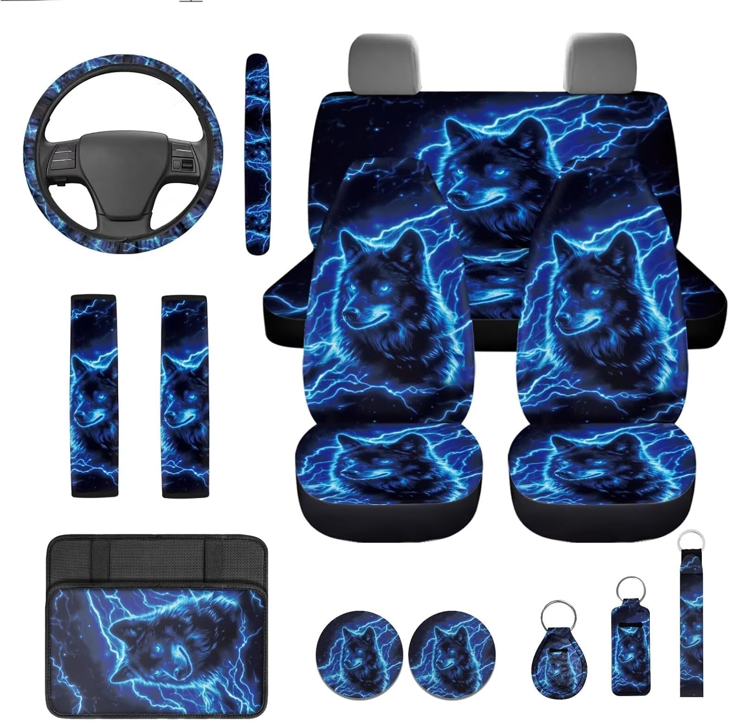INSTANTARTS Lightning Wolf Full Set of 13 Car Full Seat Protector Covers Auto Keychains,Chapstick Sleeve,Car Cup Holders,Seat Belt Cover,Steering Wheel Cover