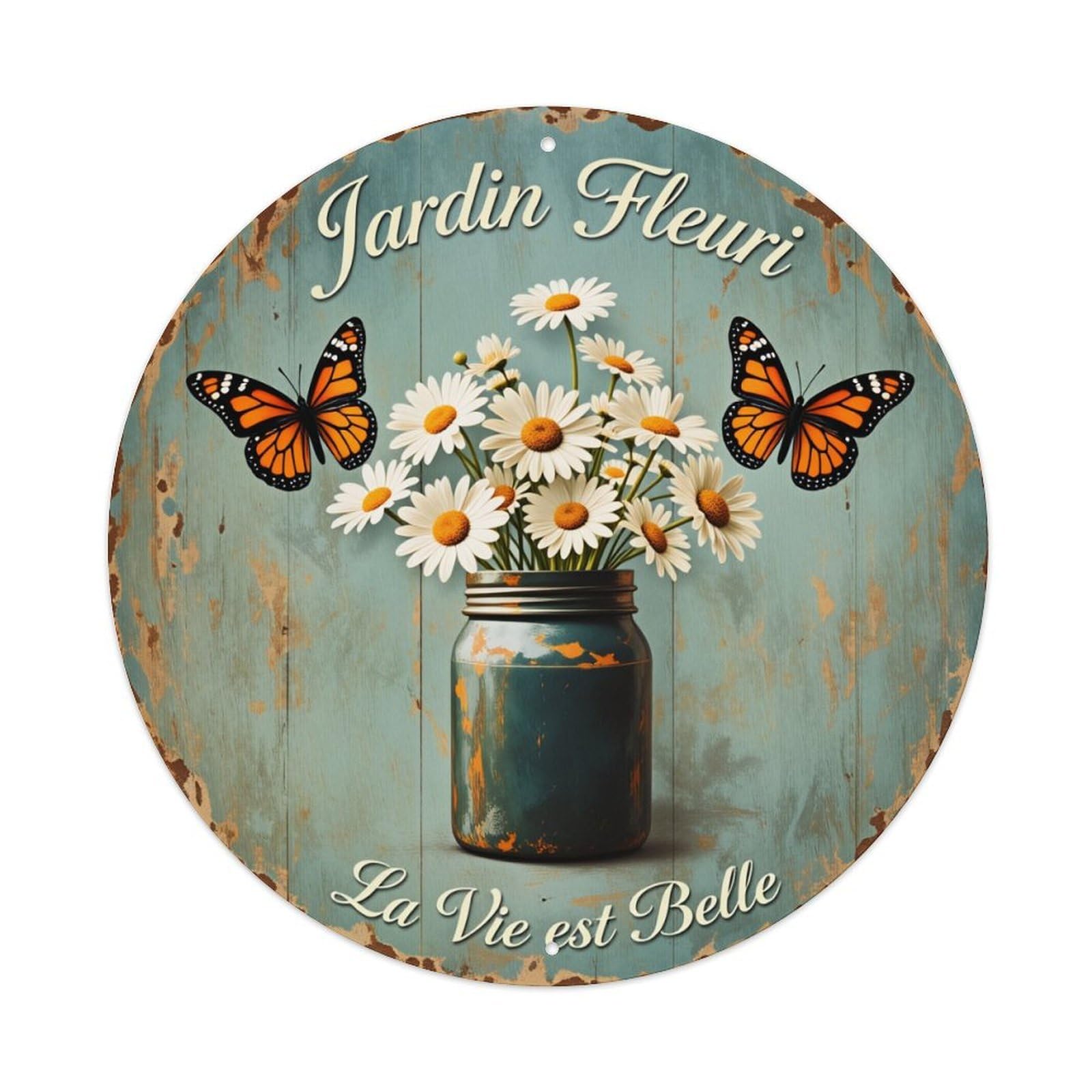 Butterfly Daisy Jar Rustic Sign Round Tin Sign Vintage Style Metal Sign Home Bar Garden Wall Plaque Decor Metal Poster 8x8 Inch