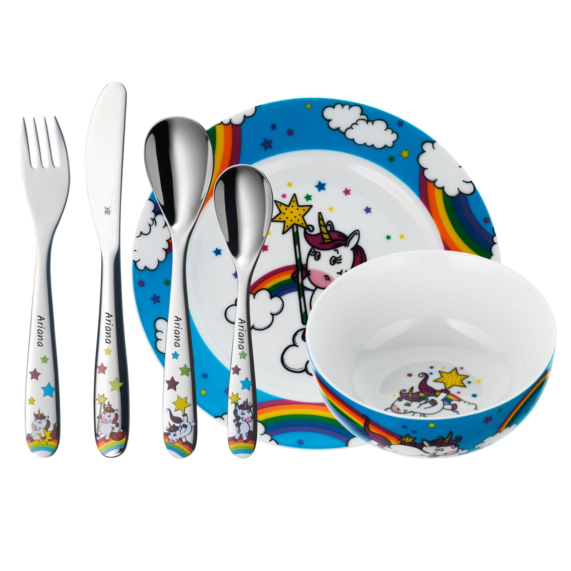 WMF Einhorn Kindergeschirr Set 6-teilig mit Gravur – personalisiertes Kinder Geschirr mit Namen – Geschenk zur Taufe, Geburt oder Geburtstag