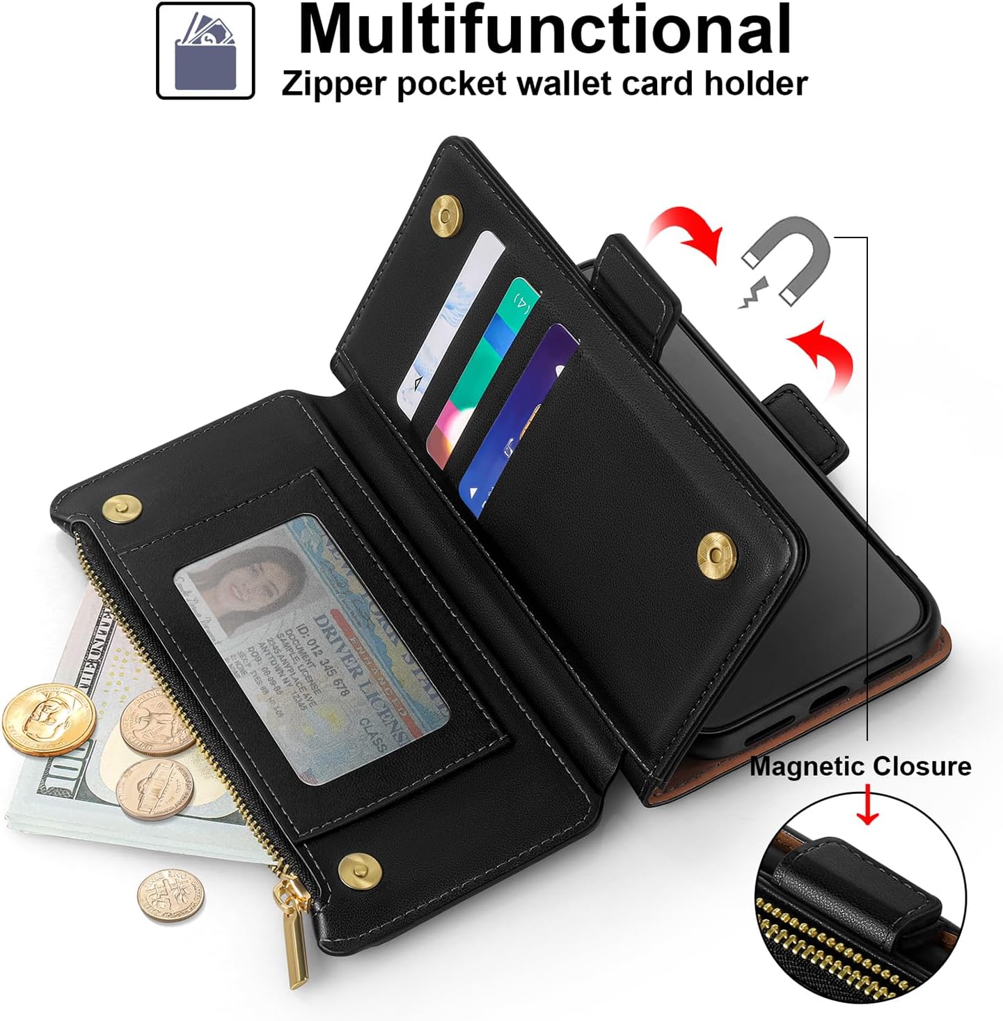 Antsturdy Compatible with iPhone 17 Pro Wallet Case Women,RFID Blocking PU Leather Phone Case Men Kickstand Flip Cover Wrist Strap Zipper Credit Card Holder Slots for Apple 17 Pro 6.3",Black - Image 3