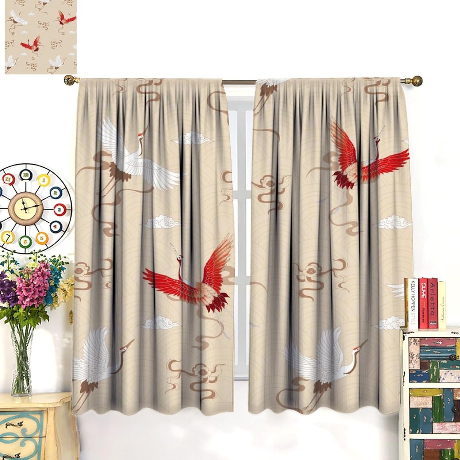 Exotic Crane Curtains, Retro Rural Minimal Orient Asian Chinese Abstract Cloud Bird Seamless Pattern Window Treatments, Blackout Rod Pocket Drapes for Living Room Bedroom Bathroom Kitchen 63x72in