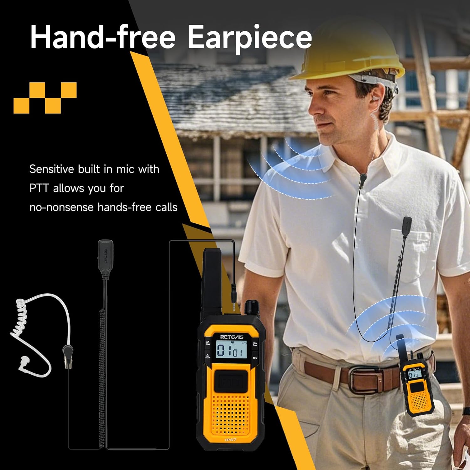 Retevis RB48 2 Way Radio Long Range, MIL-STD 810H Heavy Duty Walkie Talkies with Earpiece, Support VOX, Advanced Triple Proof, 2000mAh, NOAA, Vibration Reminder(6 Pack with Gang Charger)