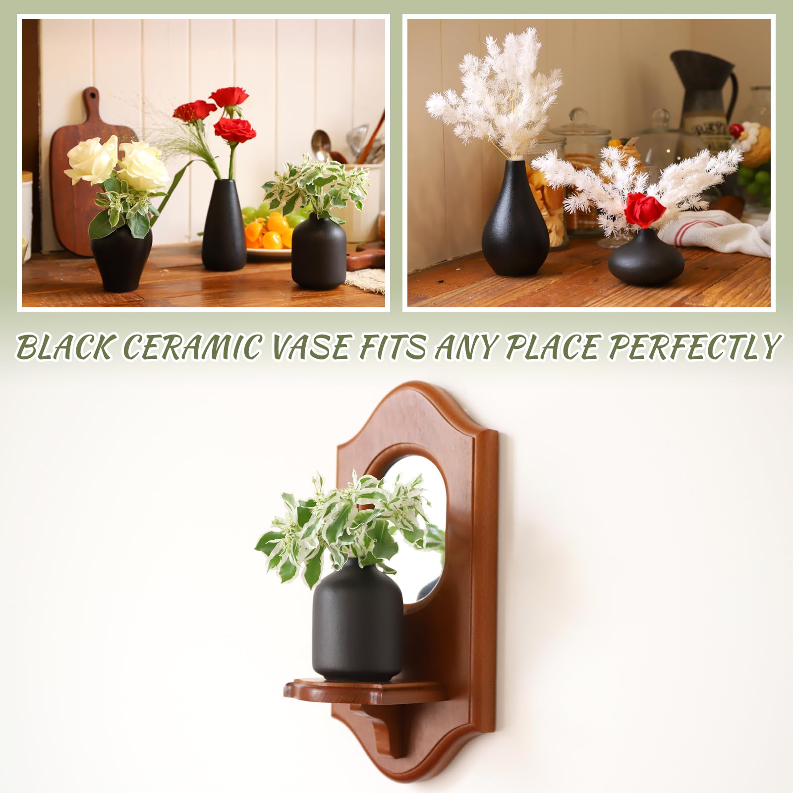 Kleine schwarze Vasen Set von 8 – Mini-Keramik-Vasen für Blumen | Pampasgras, perfekt für Wohnzimmer, Tischdekoration, schwarze Vasen, Heimdekoration, Badezimmerdekoration