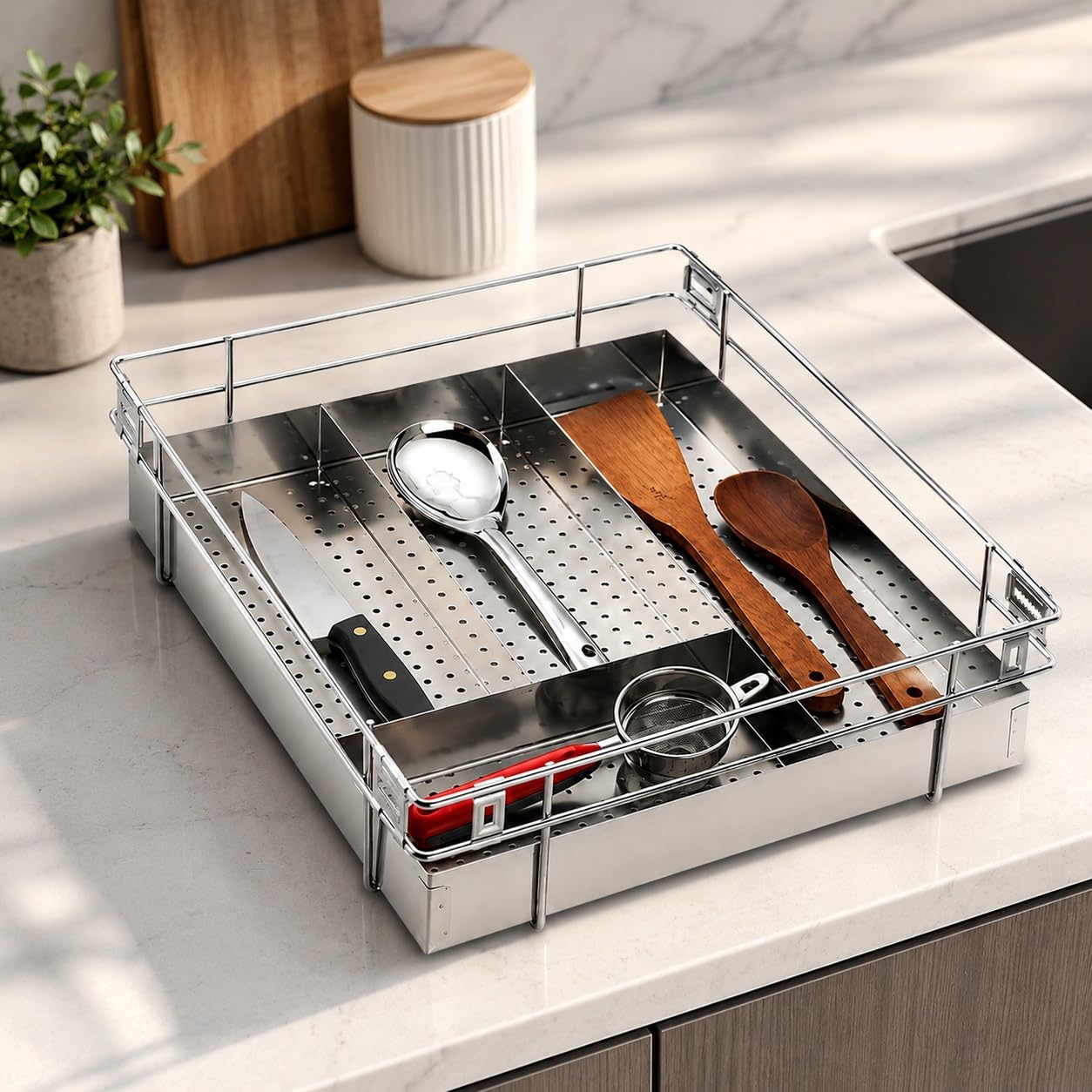 SmartSlide Stainless Steel Cutlery Tray for Kitchen – 17 x 20 x 4 inch | Kitchen Basket, Trolley, Modular Kitchen Basket Silverware Organizer