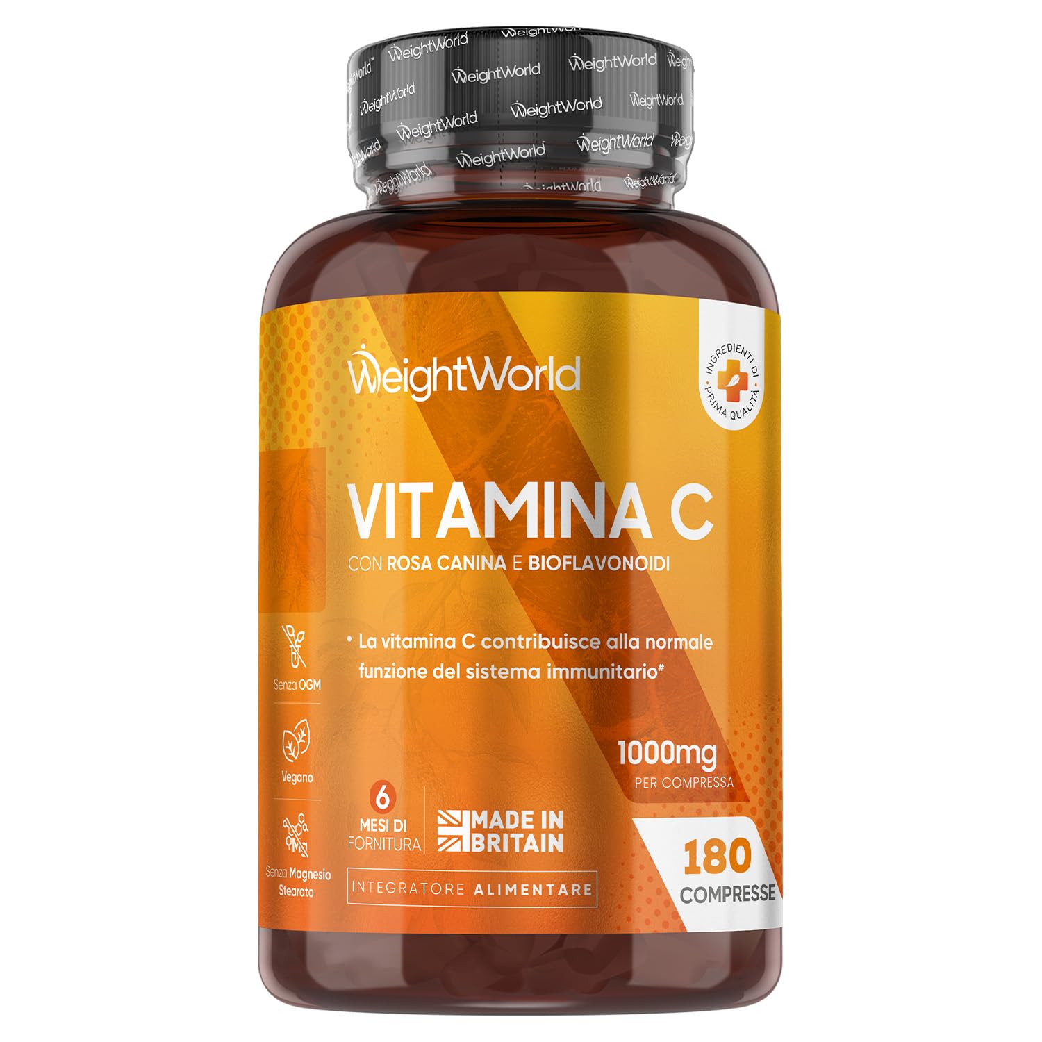 Vitamina C 1000mg Vegana con Rosa Canina, 180 Compresse, 1 Sola al Giorno (6 Mesi di Fornitura), Integratore Vitamina C, Acido Ascorbico e Bioflavonoidi da Citrus Aurantium, Senza Magnesio Stearato