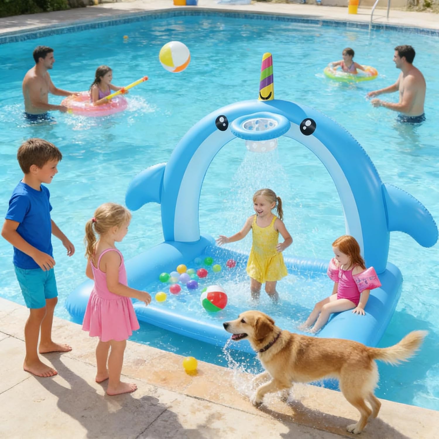 Mostop 8.7FT Inflatable Whale Sprinkler for Kids, 3-in-1 Large Splash Pad with Basketball Hoop, Outdoor Water Toys for Toddlers Ages 3-8, Summer Backyard Fun Sprinkler Mat for Dogs & Family