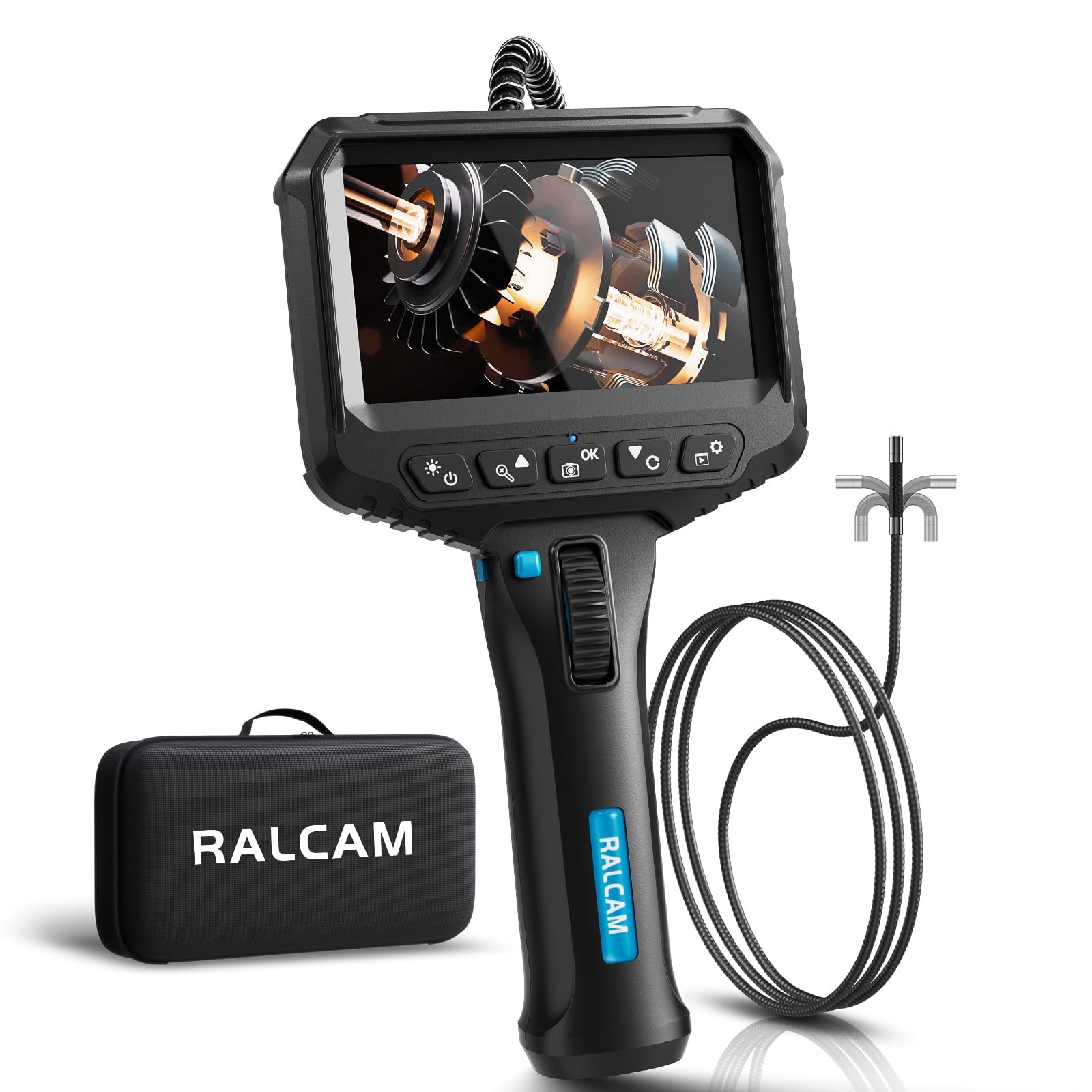 Ralcam Cámara endoscópica con luz, 6,2 mm 210° bidireccional, sonda de inspección 4,3" HD 720P, Impermeable IP67, Cable semirrígido de 1 m para automóvil
