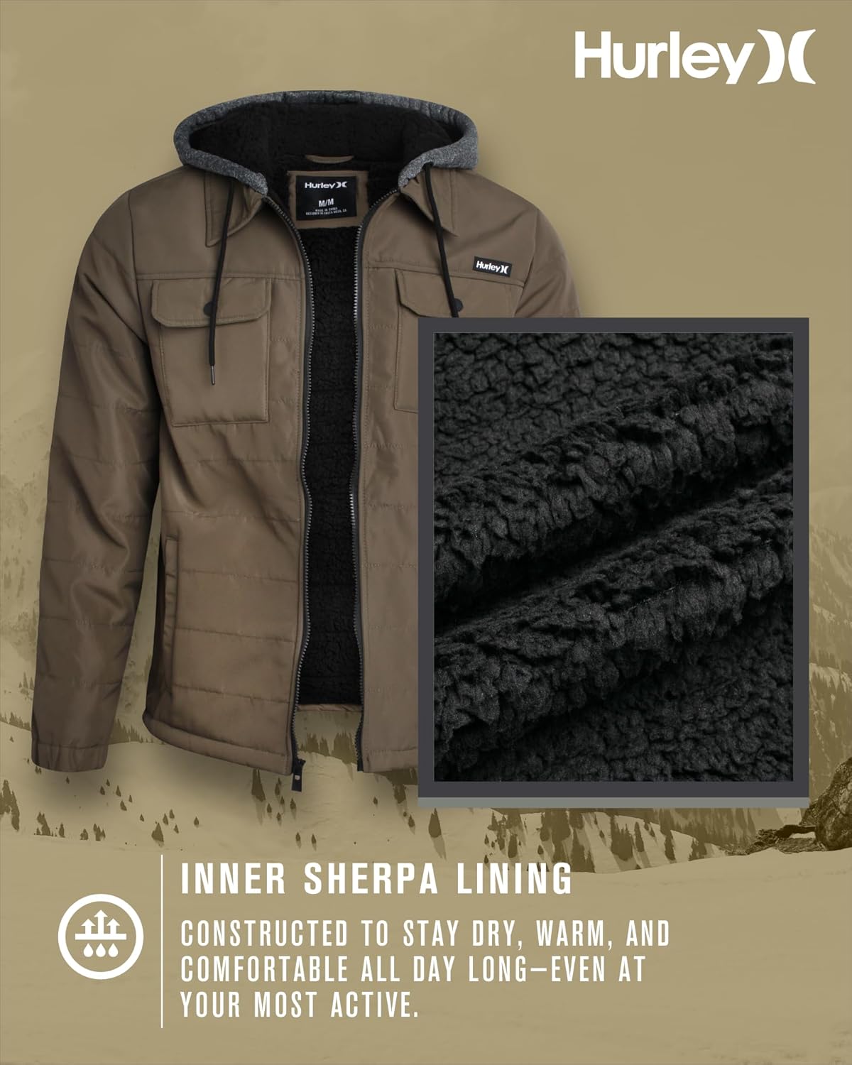 Hurley Men's Voyager Jacket - Warm Insulated Fleece Jacket with Cozy Sherpa Lining - Lightweight Hooded Jacket for Men (S-XL) - Image 3