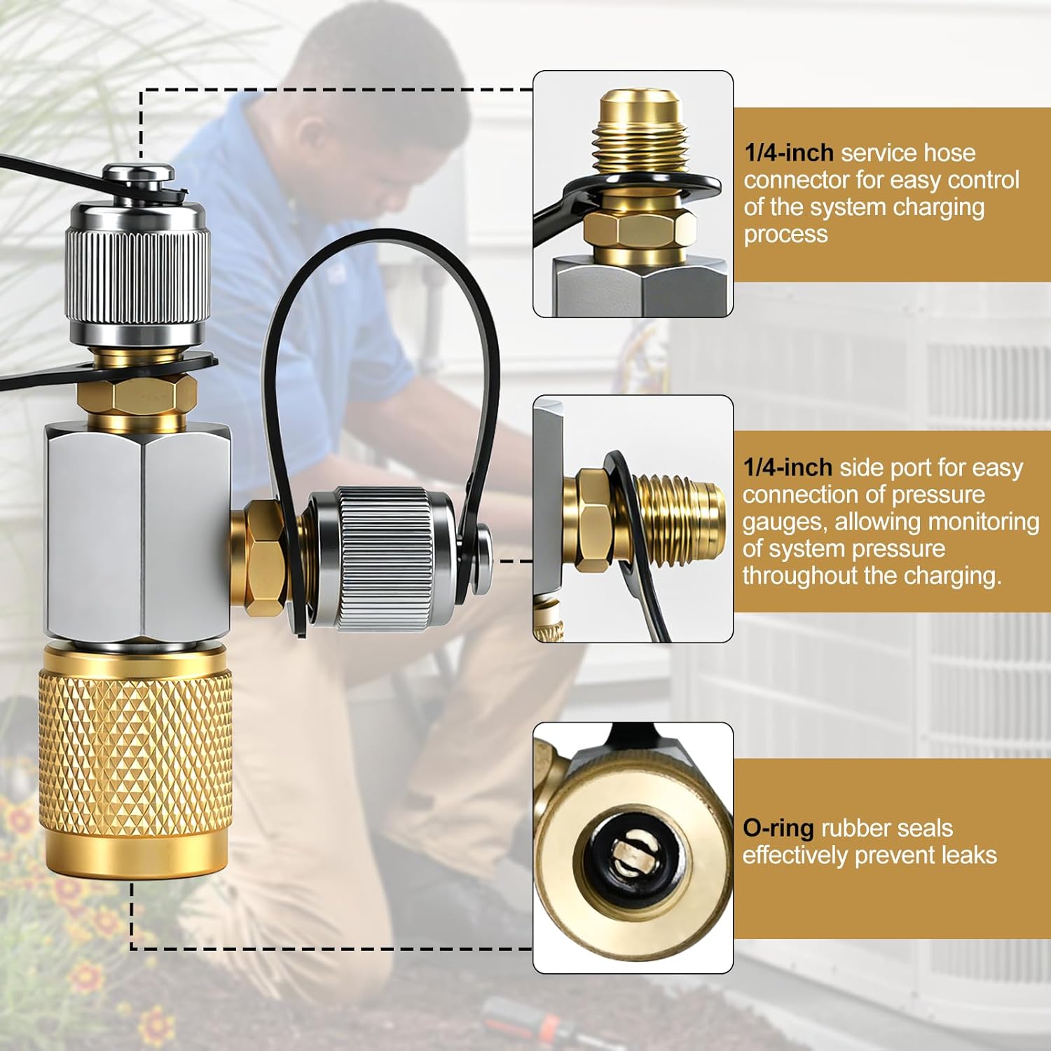 CTEE14 Low-Loss Charging T-Fitting Replacement 1/4in Flare Quickly Check Charging System Pressure for Precise Charging of A/C/Refrigeration Systems without Manifolds or Unnecessary Hoses