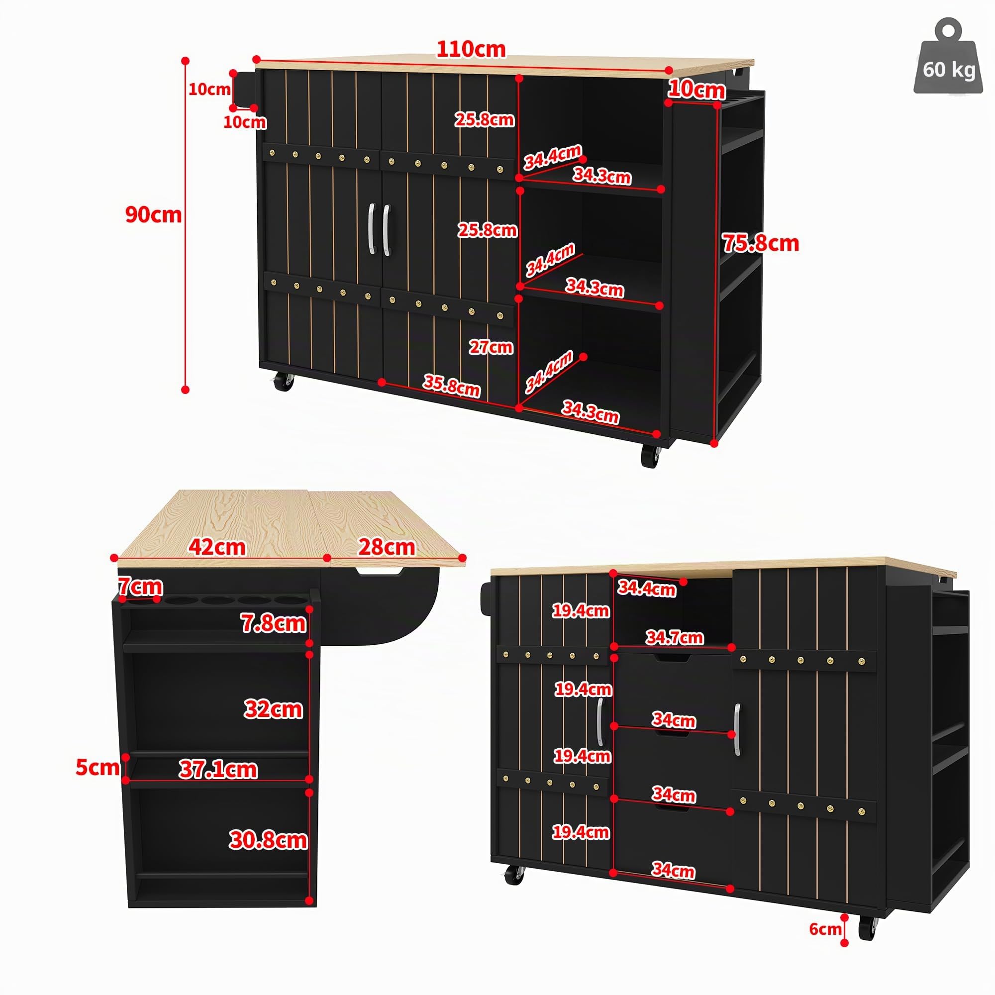 isla de cocina, carro de cocina, carro de comedor extensible con ruedas y encimera, carro de servicio con especiero y 8 cajones, negro