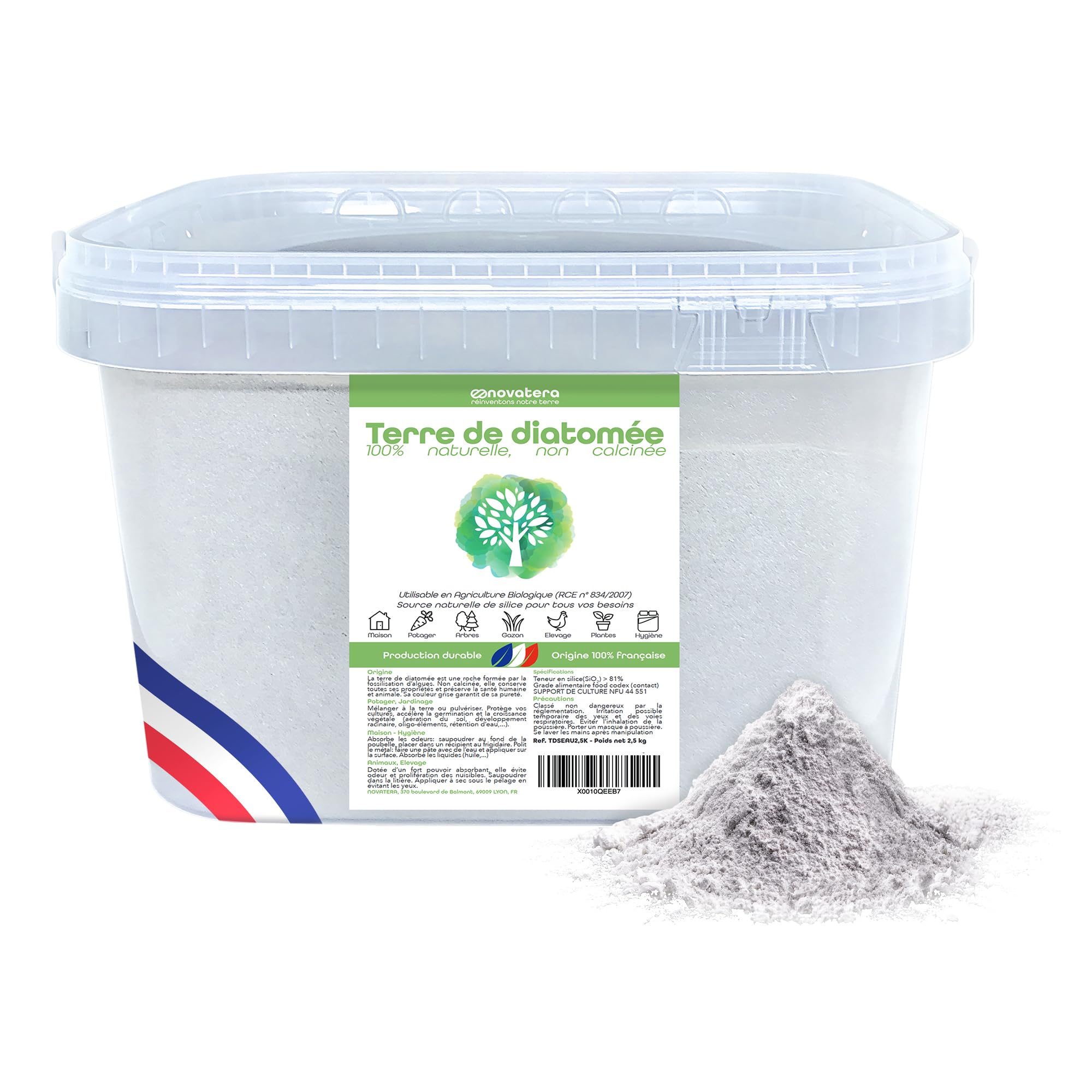 NOVATERA 100% francuska ziemia okrzemkowa | naturalna i niekalcynowana | Wiadro 2,5 kg | Ultrapura | Ochrona ekologiczna | Rolnictwo ekologiczne | Dostępne w rozmiarach od 0,3 do 25 kg