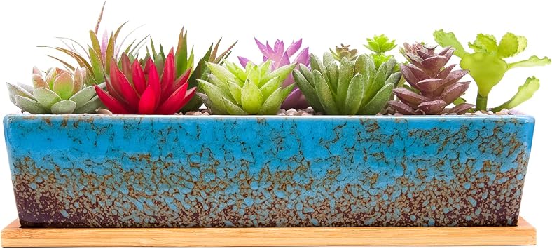 Succulent Plant Pots - 30.5CM Large Succulent Planters with Drainage Tray, Window Sill Planter, Long Rectangle Ceramic Pots for Indoor Cactus Plants Shallow Bonsai Window Box for Home Garden Decor