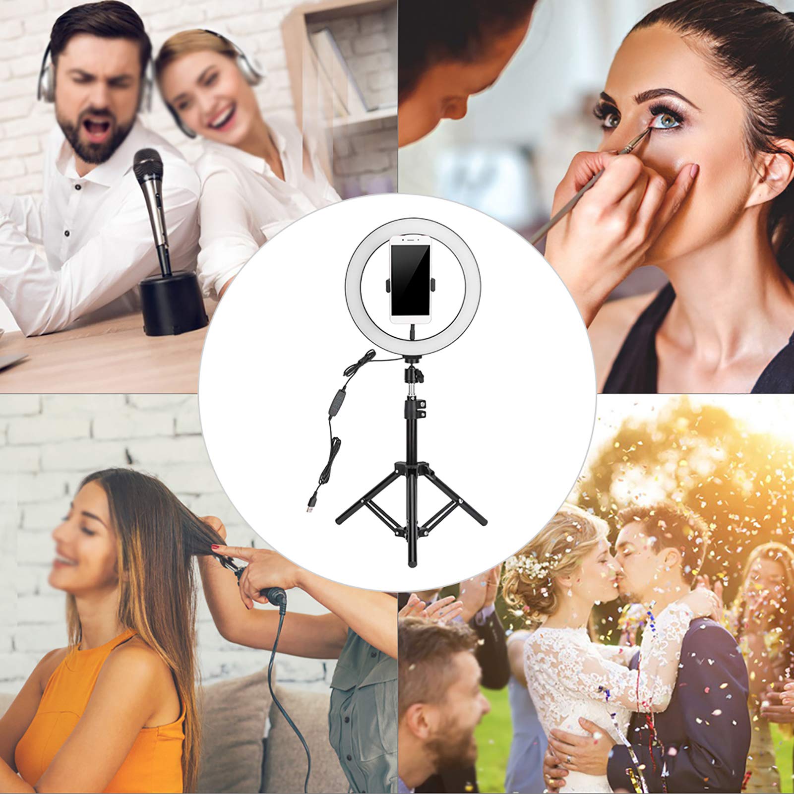 Anello LED da 10 Pollici, USB 128LED 3500-6000K Lampada di Riempimento Video Dimmerabile con Testa a Sfera, Clip per Telefono e Treppiede Pieghevole per Trucco di Bellezza con Selfie Dal Vivo