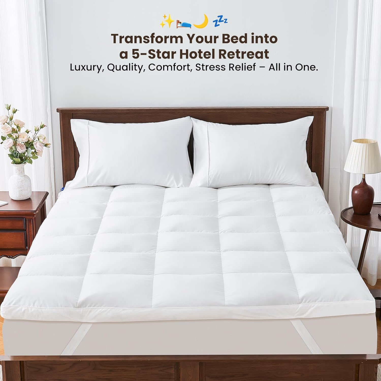 Dual Layer Goose Feather Down Mattress Topper Queen, White Feather Bed Topper, Down Mattress Protector with Straps, Pillowtop Featherbed Pad, 100% Organic Cotton Fabric (78x80 Inch)