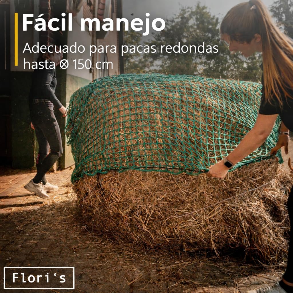 Flori's® Red de heno redonda, diámetro de 150 cm, altura de 150 cm, ancho de malla 4,5 x 4,5 cm, red de heno estable para caballos para alimentación adecuada a las especies, red redonda adecuada para