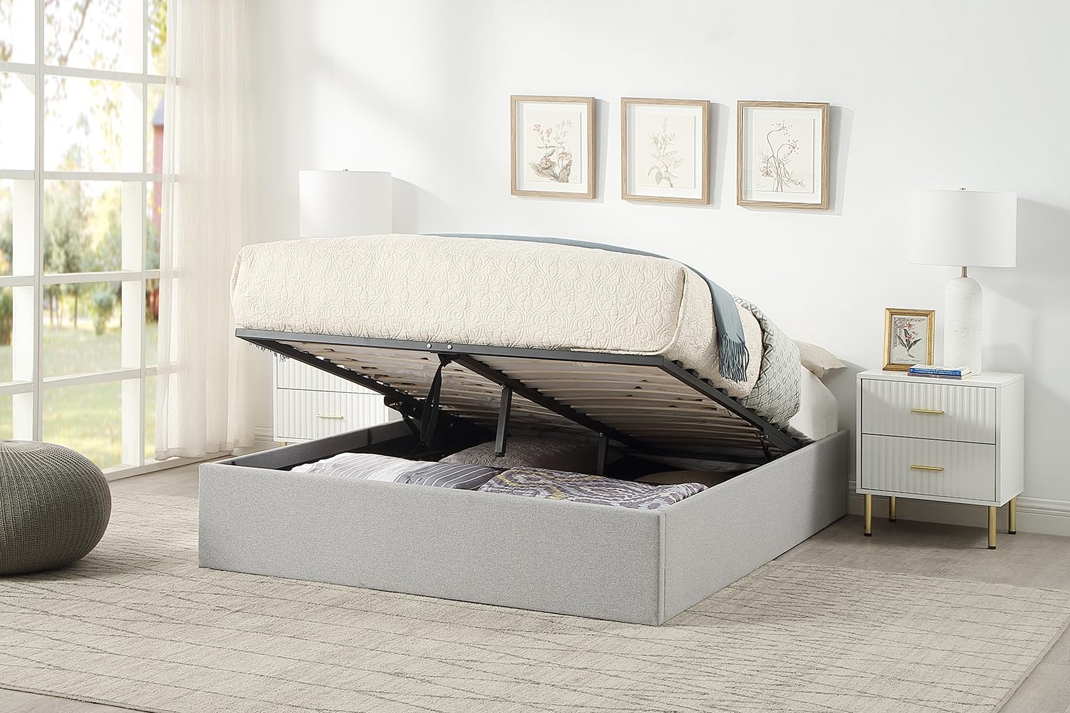 Home Treats Ottoman Bed Frame | Small Double Platform Bed | Grey Linen Storage Bed (No Mattress, Small Double)