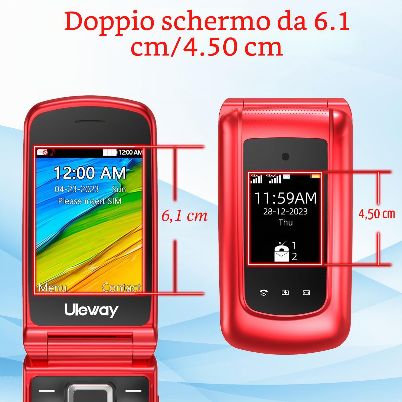 CHAKEYAKE 4G Telefono Cellulare per Anziani,Dual SIM, Flip Telefoni Cellulari con Tasti Grandi, Funzione SOS, Volume alto, 2.4"+1.77" Doppio Display, Torcia, Base (Rosso)