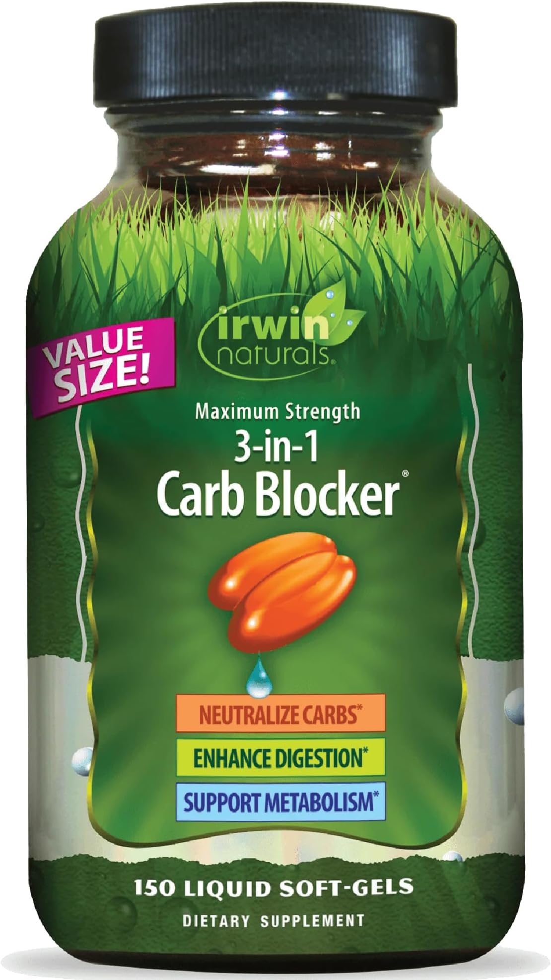Irwin Naturals Maximum Strength 3-in-1 Carb Blocker - Neutralize Carbohydrates, Aids Digestion and Metabolism Booster - White Kidney Bean Extract + Chromium + Enzyme Blend - 150 Liquid Soft-Gels