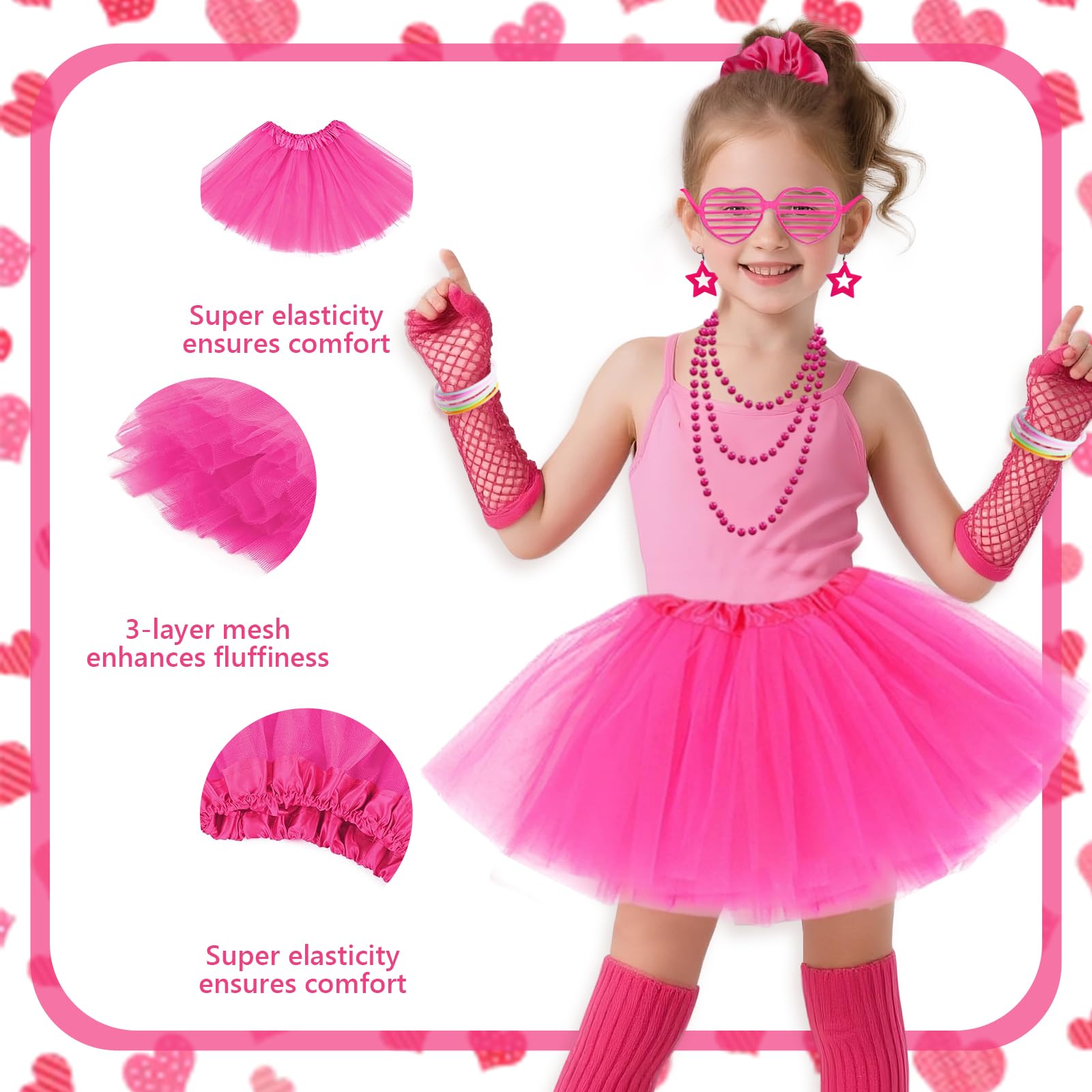 80s Costume Accessories Set for Girls 21Pcs 1980s Fancy Dress Outfit with Tutu Skirt Fishnet Gloves Leg Warmers Bow Headband Necklace Bracelets Glasses - Image 4